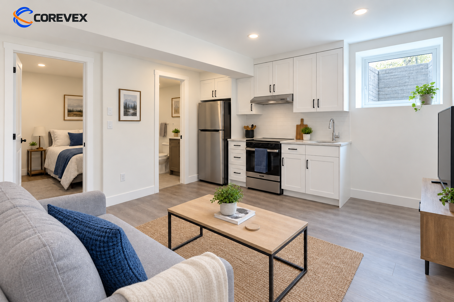 Illustrative finished basement suite with a compact kitchen and living area