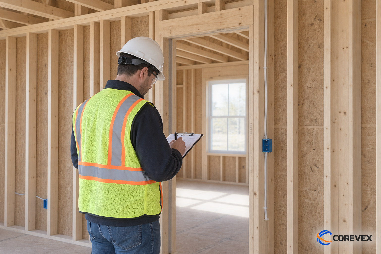 Illustration of an engineer reviewing residential framing and recording findings